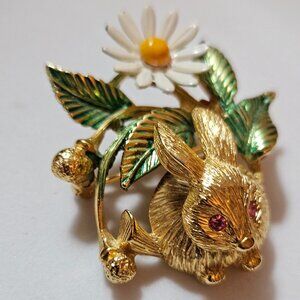 Vintage Gold Crown Bunny Rabbit Brooch/Pin W/Flower, Rhinestone eyes.